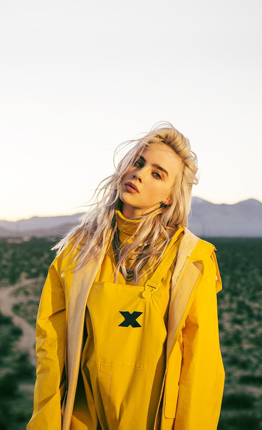 Billie Eilish in a bright yellow raincoat and overalls against a desert mountain backdrop HD phone wallpaper