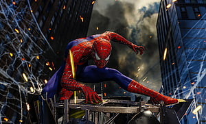 Spider-Man Crouched on Scaffolding Amid Sparks and Webbing in a Dark Urban Cityscape, Video game, Spider-Man PS4 HD wallpaper