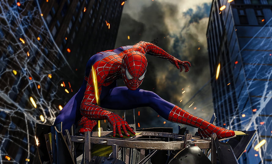 Spider-Man Crouched on Scaffolding Amid Sparks and Webbing in a Dark Urban Cityscape, Video game, Spider-Man PS4 HD wallpaper