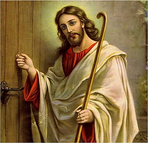 Jesus Christ as the Good Shepherd Knocking on a Wooden Door in Traditional Religious Art HD wallpaper