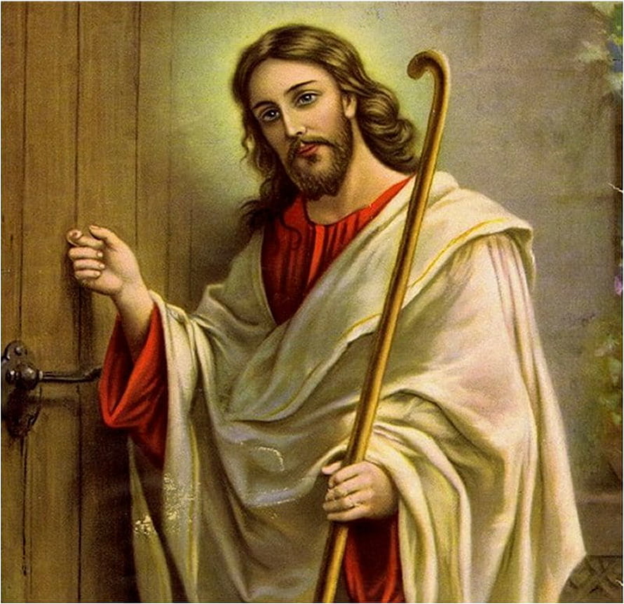 Jesus Christ as the Good Shepherd Knocking on a Wooden Door in Traditional Religious Art HD wallpaper