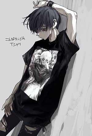Dark Anime Boy in Black Graphic Tee Leaning Against Wall HD phone wallpaper