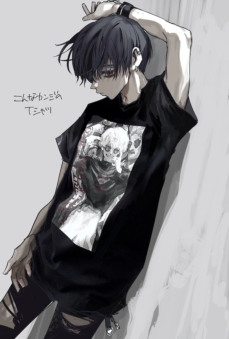Dark Anime Boy in Black Graphic Tee Leaning Against Wall HD phone wallpaper