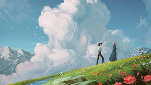 Howl's Moving Castle Fantasy Landscape with Two Figures on a Flowering Hillside HD wallpaper