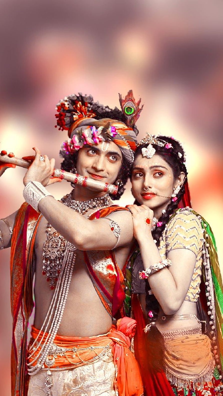 Radha Krishna in Traditional Indian Attire with Flute and Floral Headdress HD phone wallpaper