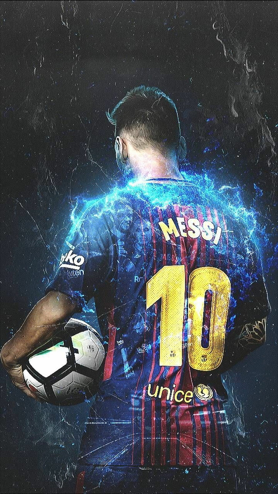 Lionel Messi in Barcelona Kit with Electric Blue Energy and Soccer Ball HD phone wallpaper