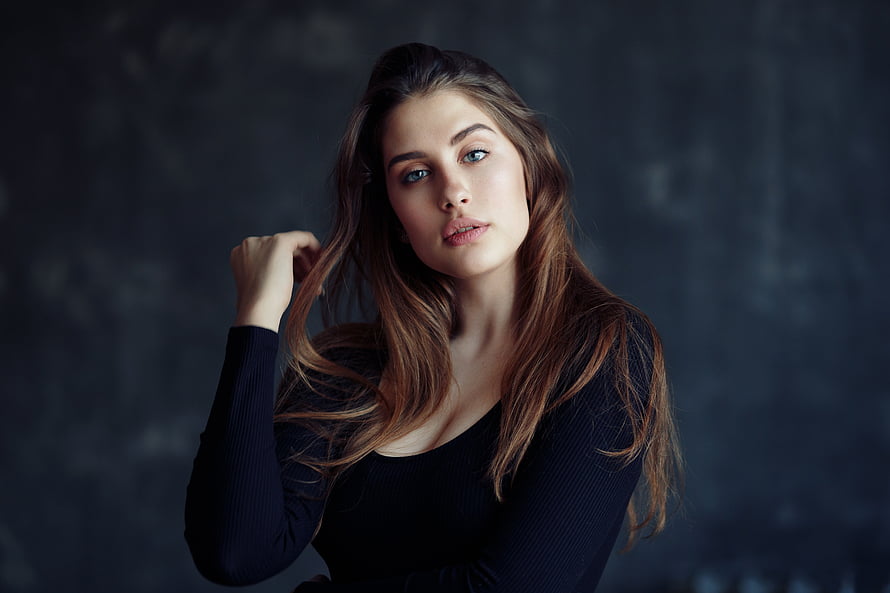 Studio Portrait of a Woman with Long Brown Hair in a Black Top, Hot and brunette, girl model, beautiful HD wallpaper