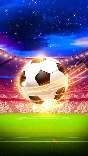 Glowing Soccer Ball Hovering Over Stadium Pitch Under Starry Night Sky HD phone wallpaper
