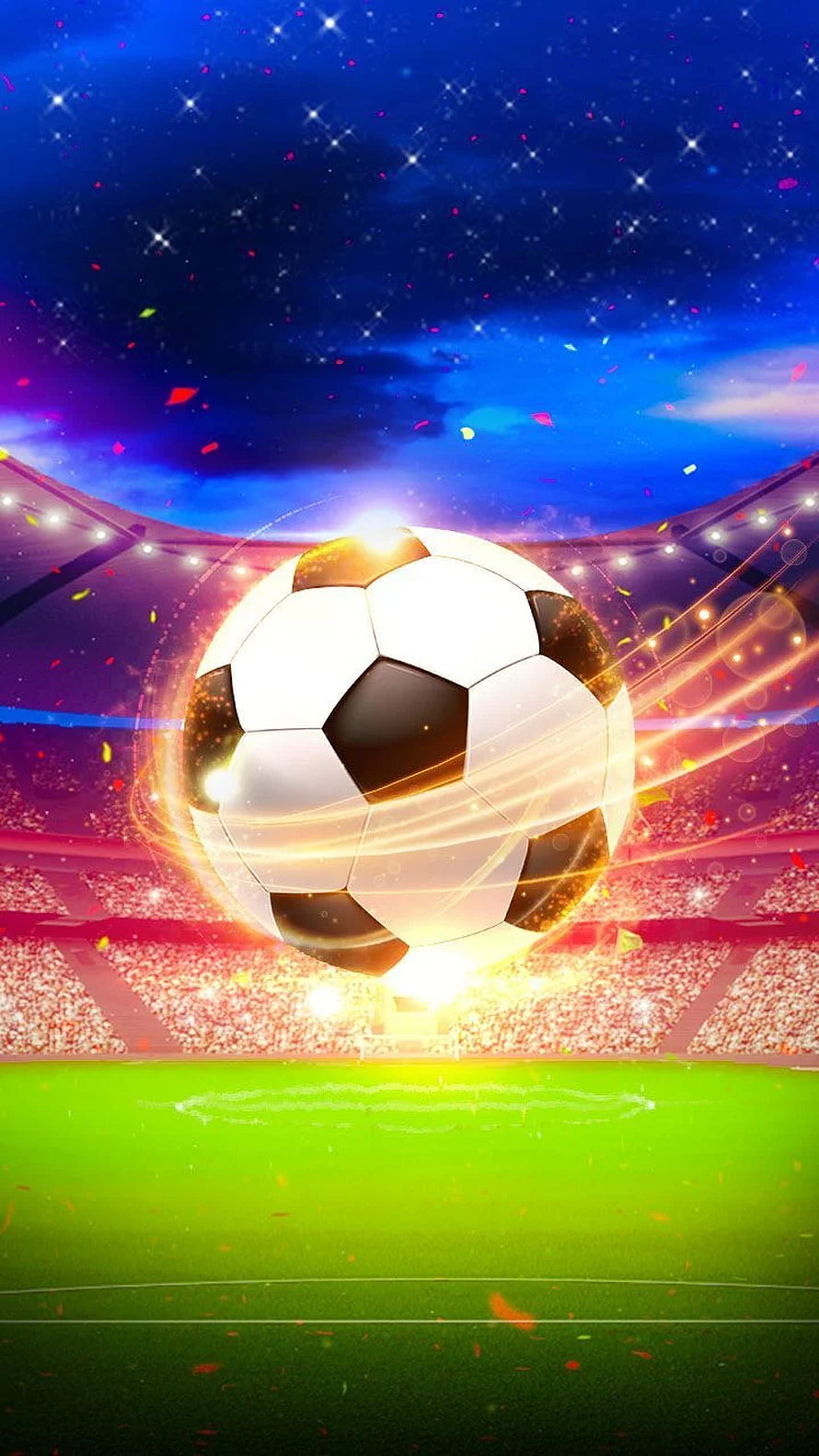 Glowing Soccer Ball Hovering Over Stadium Pitch Under Starry Night Sky HD phone wallpaper
