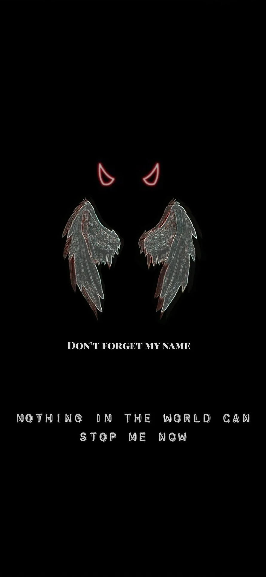 Dark Fallen Angel Wings with Glowing Red Eyes and Motivational Quote on Black Background HD phone wallpaper