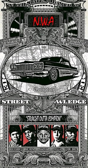 N.W.A Straight Outta Compton Album Artwork with Classic Car and Member Portraits HD phone wallpaper
