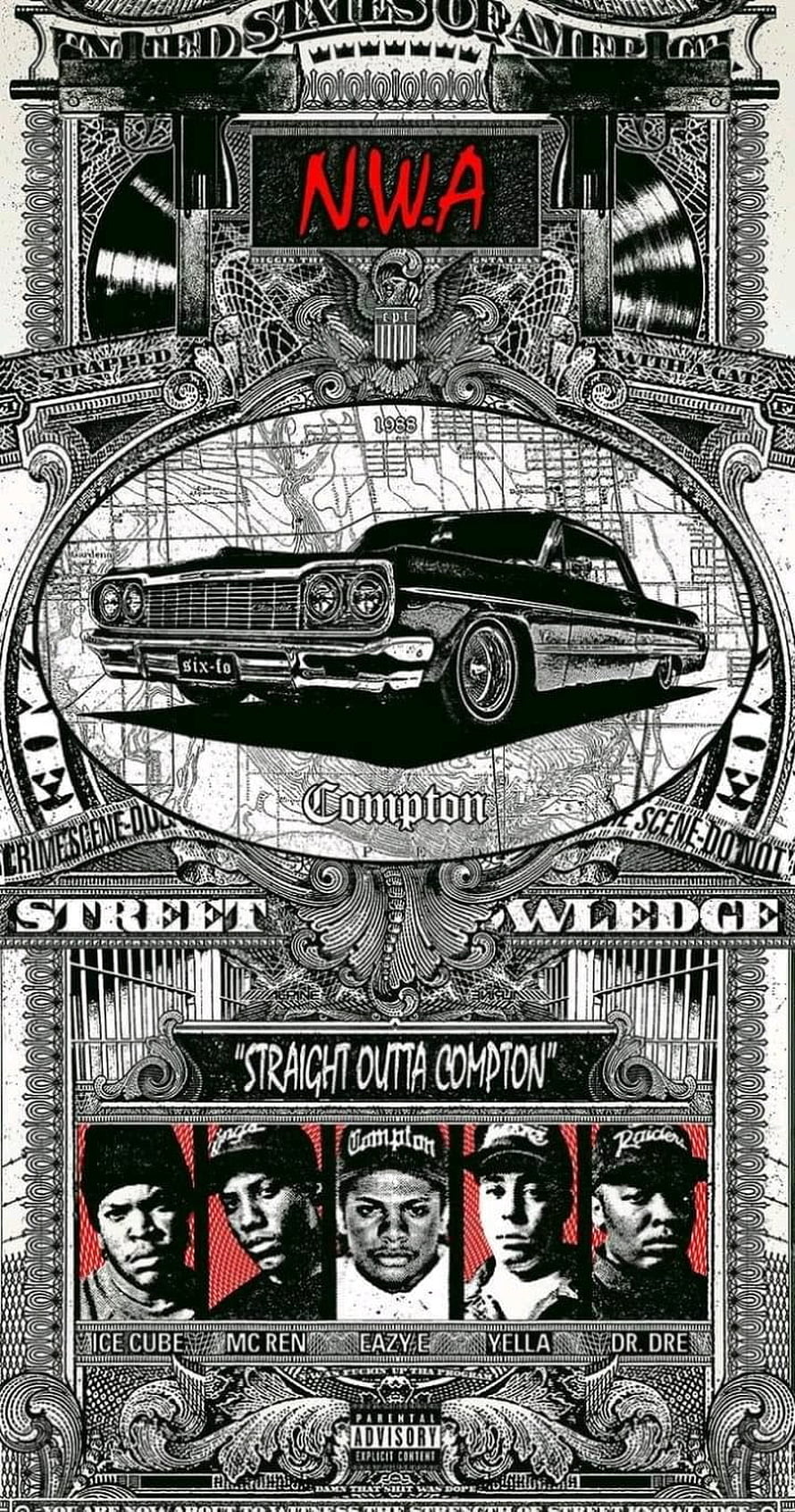 N.W.A Straight Outta Compton Album Artwork with Classic Car and Member Portraits HD phone wallpaper
