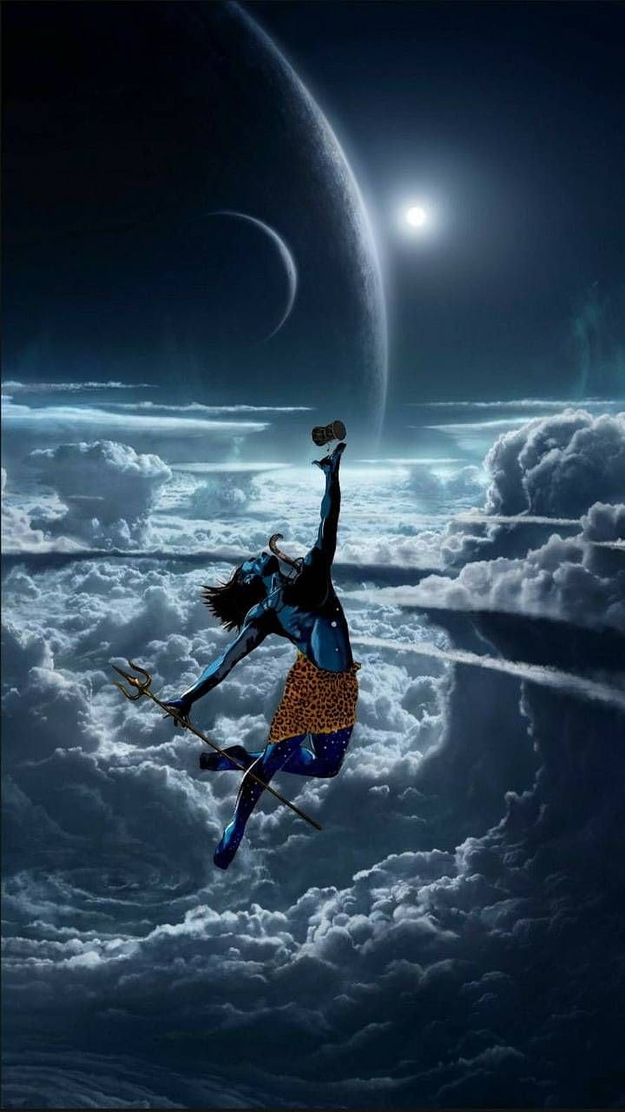 Lord Shiva Cosmic Dance Above Clouds With Trishula And Crescent Moon HD phone wallpaper