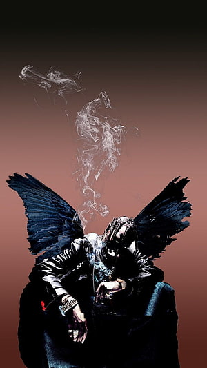 Travis Scott Dark Angel Portrait with Smoke and Black Wings HD phone wallpaper