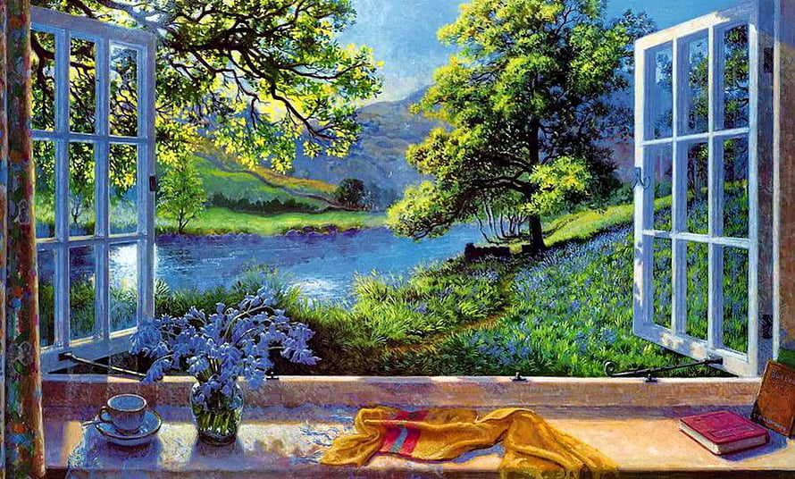 Open Window View of a Serene River Landscape with Bluebells and Lush Green Hills HD wallpaper