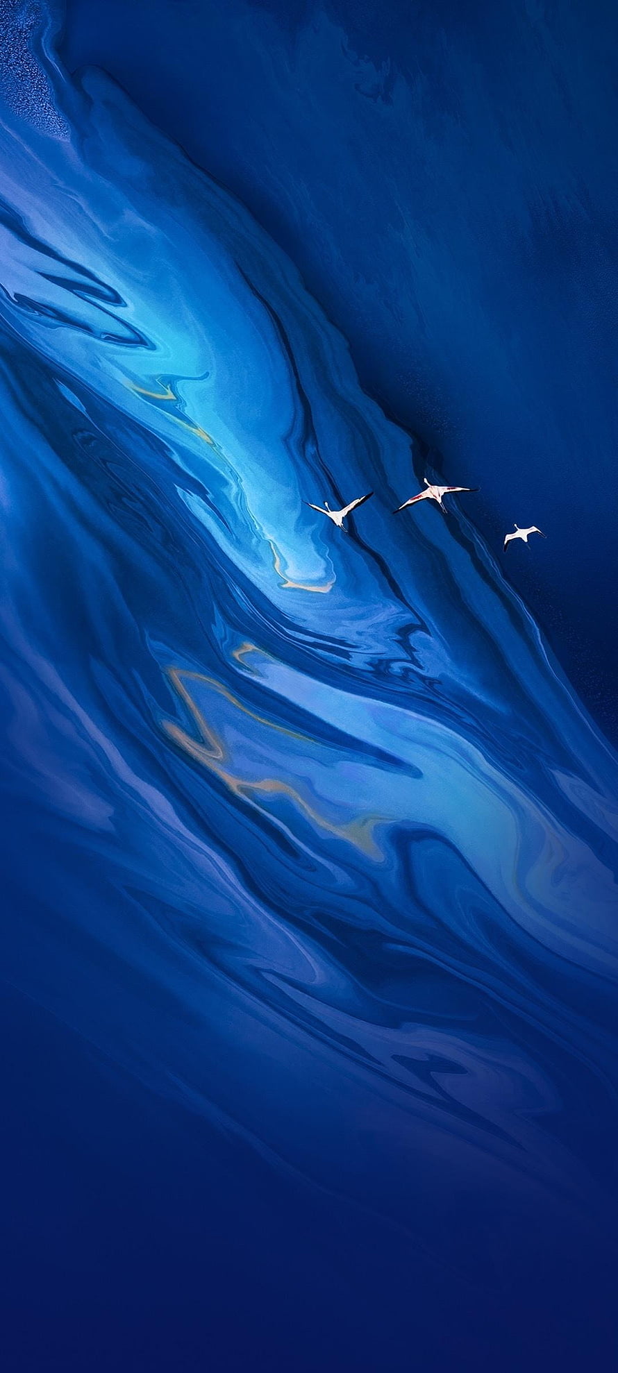 Abstract Blue Liquid Marble Texture with Flying Birds Silhouettes HD phone wallpaper