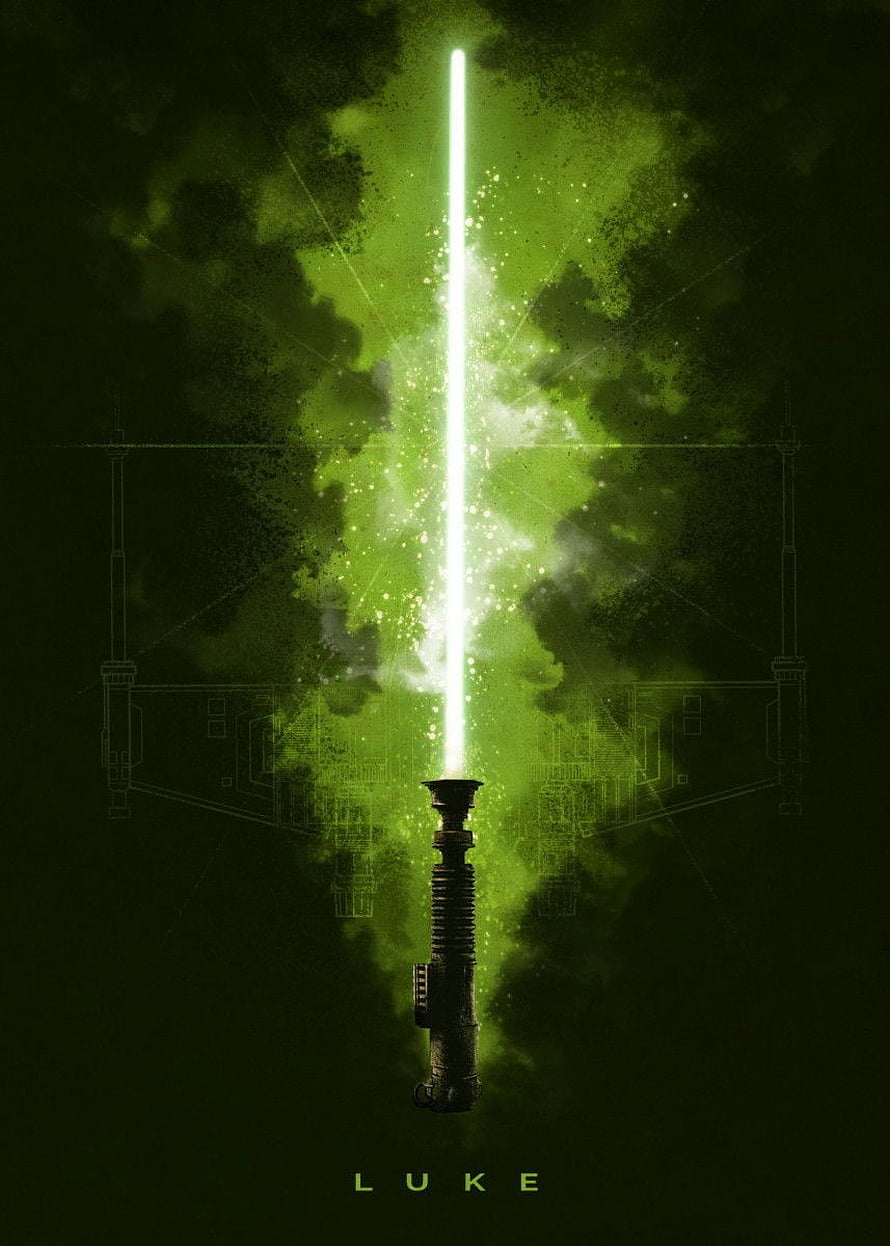 Luke Skywalker Green Lightsaber Concept Art with Technical Blueprint Background HD phone wallpaper