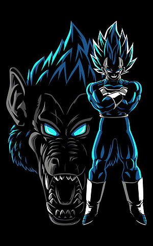 Dragon Ball Z Super Saiyan Blue Vegeta with Oozaru Wolf Silhouette on Black Background HD phone wallpaper