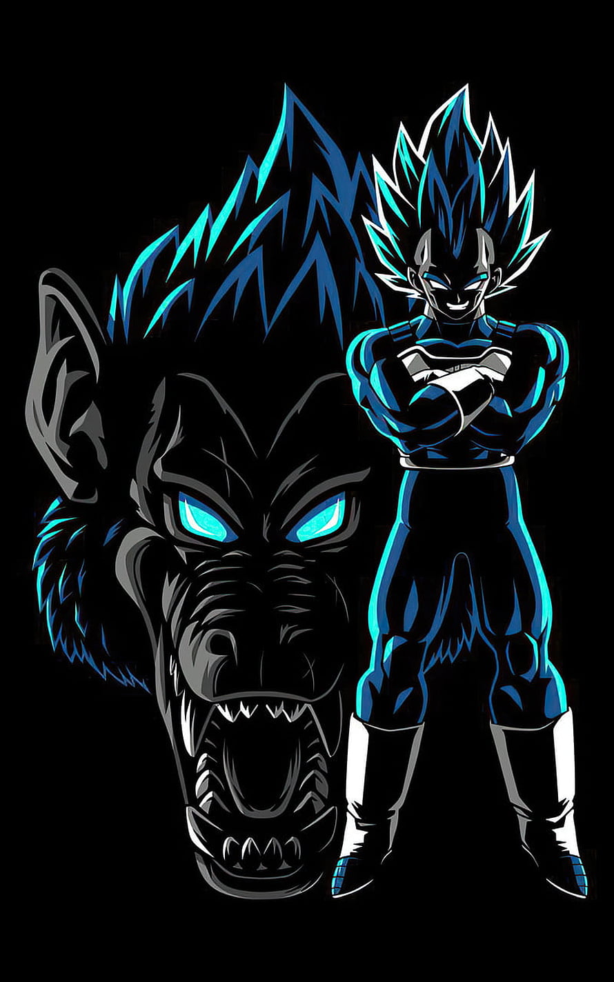 Dragon Ball Z Super Saiyan Blue Vegeta with Oozaru Wolf Silhouette on Black Background HD phone wallpaper