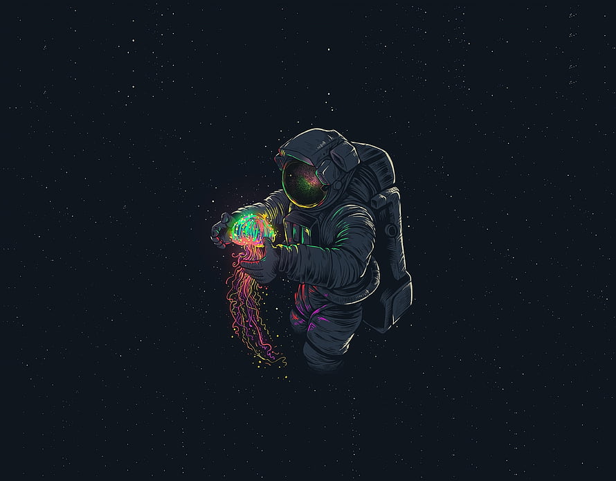 Astronaut holding a glowing jellyfish in deep space, dark cosmic digital illustration HD wallpaper