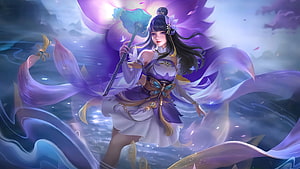 Kagura from Mobile Legends holding a glowing lotus parasol in a mystical purple and blue fantasy setting HD wallpaper