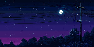 Retro Pixel Art Night Sky with Moon, Stars, and Silhouetted Trees HD wallpaper