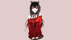 Anime Girl With Cat Ears Wearing Red Off-Shoulder Top And Black Skirt HD wallpaper