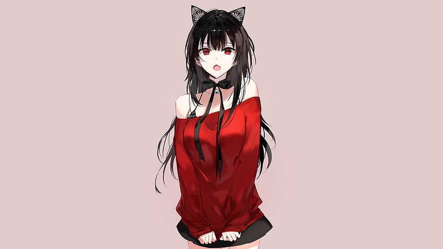 Anime Girl With Cat Ears Wearing Red Off-Shoulder Top And Black Skirt HD wallpaper