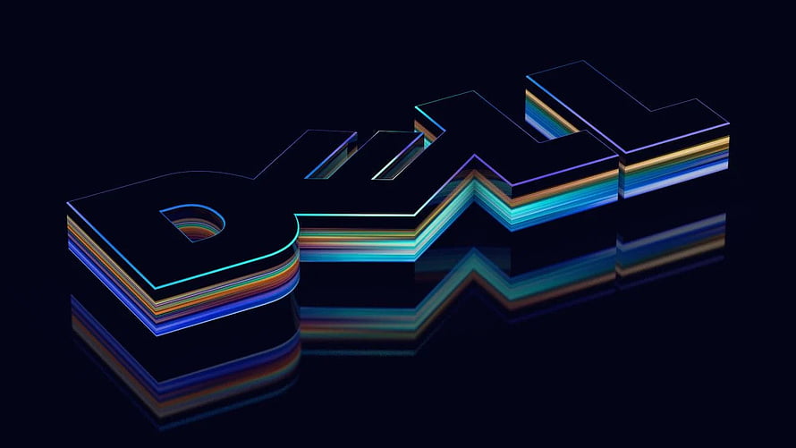 Dell 3D Neon Logo with Rainbow Layered Edges on Dark Reflective Surface HD wallpaper