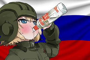 Katyusha from Girls und Panzer drinking vodka in front of the Russian flag HD wallpaper