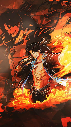 Portgas D. Ace Wielding Flame and Pistol in Fiery One Piece Anime Illustration HD phone wallpaper