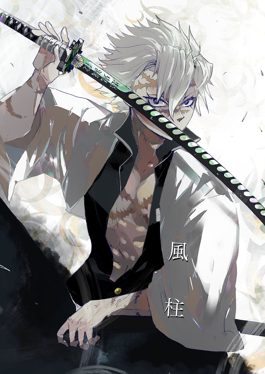 Shinazugawa Sanemi Demon Slayer Fanart with Katana and Wind Hashira Markings HD phone wallpaper