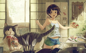 Anime Girl Cooking in Kitchen with Tabby Cat Holding Rice Bag HD wallpaper