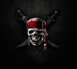 Metallic Pirate Skull with Red Bandana and Crossed Swords on Dark Background HD wallpaper