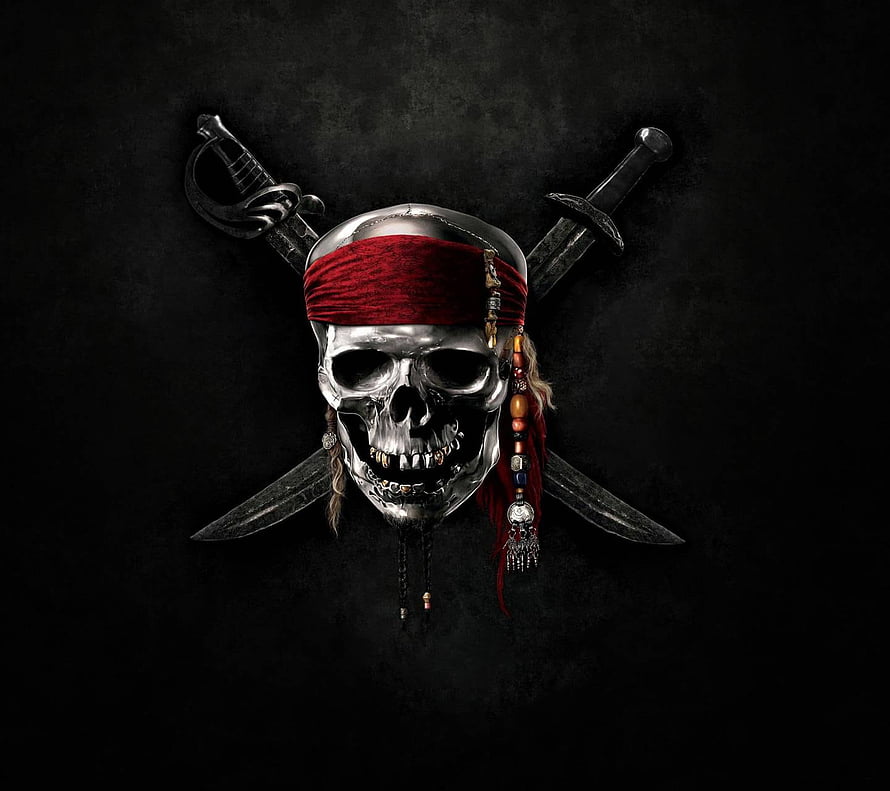 Metallic Pirate Skull with Red Bandana and Crossed Swords on Dark Background HD wallpaper