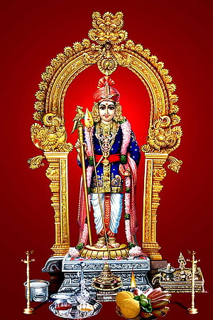 Palani Murugan Raja Alankaram Deity in Ornate Golden Temple Arch with Ritual Offerings HD phone wallpaper