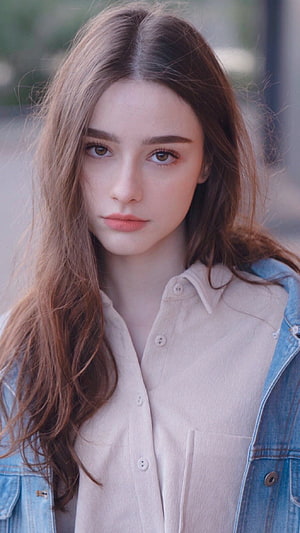 Dasha Taran Portrait in Beige Shirt and Denim Jacket HD phone wallpaper