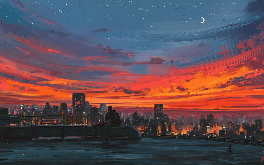 Lone Figure on Rooftop Watching Vibrant Sunset Over Futuristic City Skyline HD wallpaper