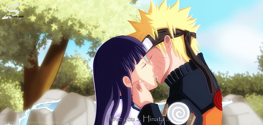 Naruto and Hinata Sharing a Tender Moment in a Sunlit Forest HD wallpaper