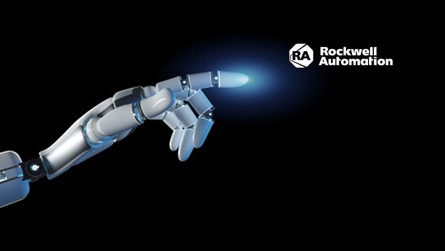Rockwell Automation Robotic Hand with Glowing Fingertip on Black Background HD wallpaper