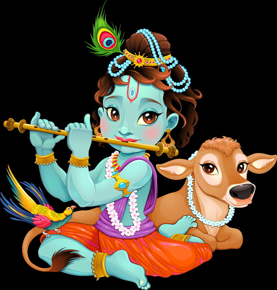 Cute Cartoon Lord Krishna Playing Flute with Cow and Peacock Feather HD phone wallpaper