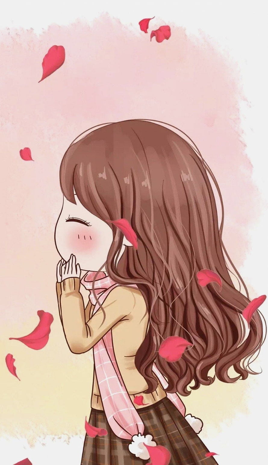 Cute Anime Girl With Long Brown Hair And Pink Scarf Amidst Falling Rose Petals HD phone wallpaper