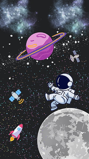 Cute Cartoon Astronaut Floating in Space with Ringed Planet, Moon, Rocket, and Satellites HD phone wallpaper