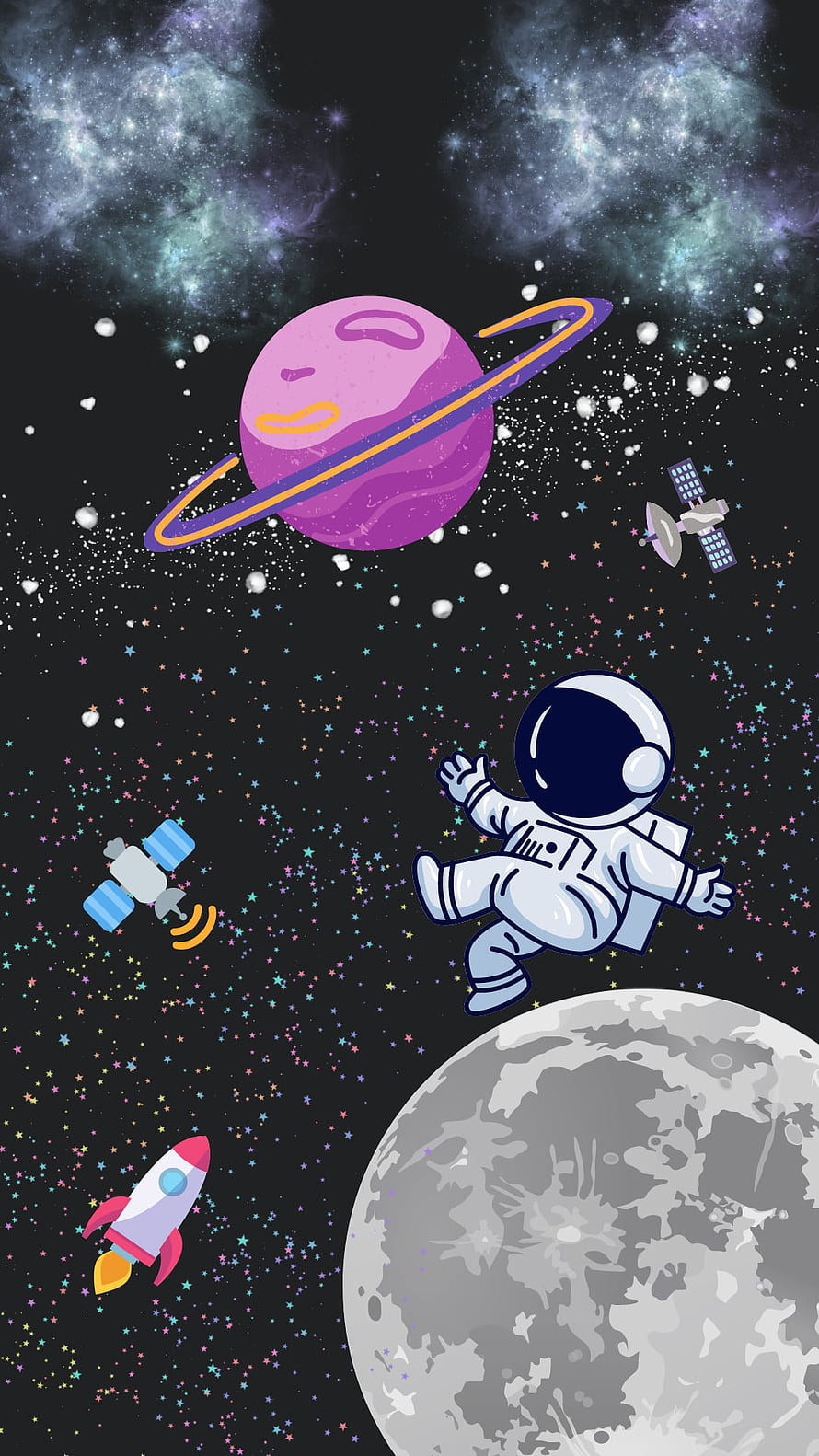 Cute Cartoon Astronaut Floating in Space with Ringed Planet, Moon, Rocket, and Satellites HD phone wallpaper