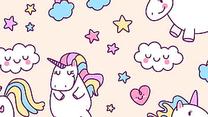 Cute Kawaii Unicorn Pattern with Smiling Clouds and Stars on Pastel Background HD wallpaper