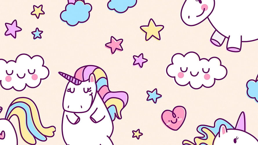 Cute Kawaii Unicorn Pattern with Smiling Clouds and Stars on Pastel Background HD wallpaper