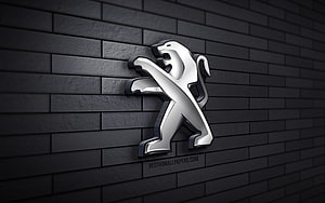 Peugeot 3D Metal Lion Emblem Mounted on Dark Gray Brick Wall HD wallpaper