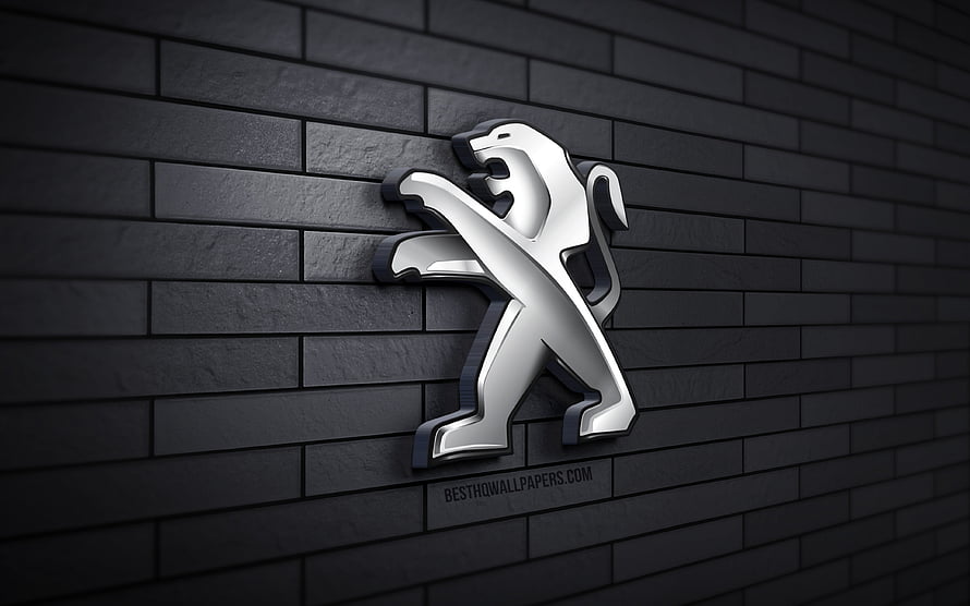 Peugeot 3D Metal Lion Emblem Mounted on Dark Gray Brick Wall HD wallpaper
