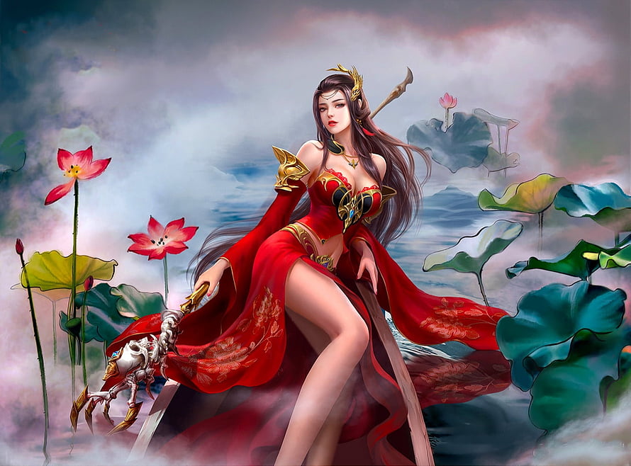 Elegant Fantasy Woman in Red Gown with Lotus Flowers and Ornate Sword HD wallpaper