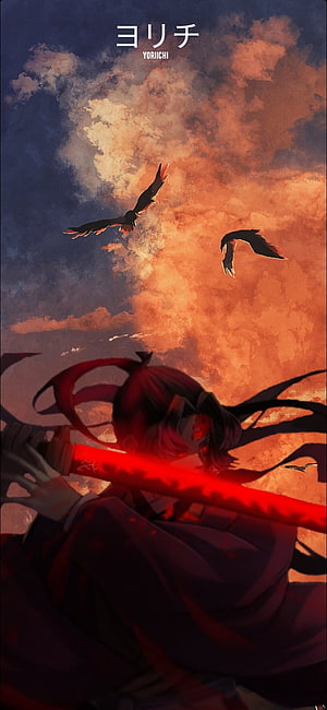 Yoriichi Tsugikuni from Demon Slayer holding a glowing red katana beneath a dramatic sunset sky with crows HD phone wallpaper
